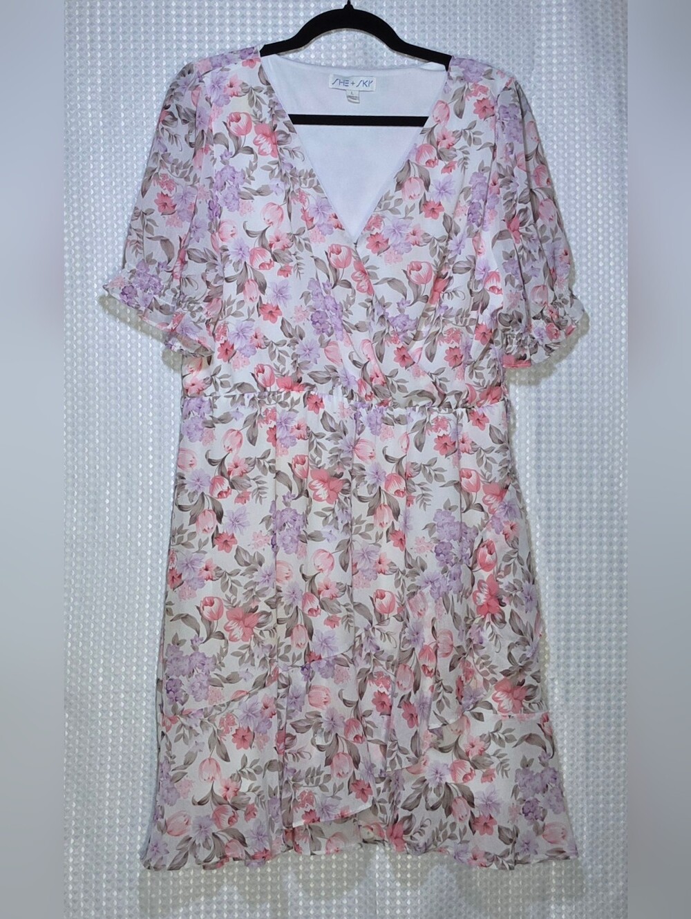 Pastel Floral Wrap Dress Romantic Feminine Ruffle Sleeve Garden Party Dress L - Picture 7 of 14
